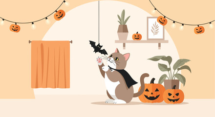 Playful Feline Celebrates Halloween Day With Festive Decorations At Comfortable Home