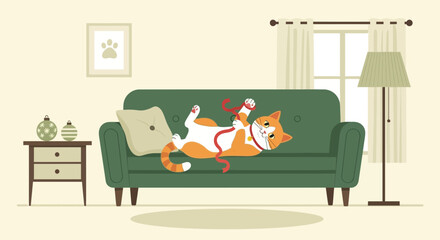 Playful Ginger Cat Enjoying Ribbon on Sofa In Bright Living Room Illustration