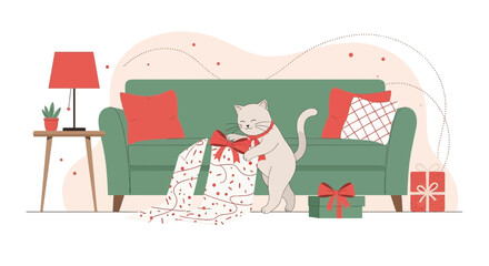 Playful Feline Unwrapping Christmas Gift by Cozy Couch in Festive Living Room