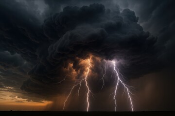 Dramatic storm system with intense cloud formations and lightning activity creating powerful weather photography