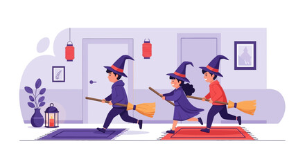 Playful Halloween Spirit Capturing Kids Flying on Brooms Indoor Fun