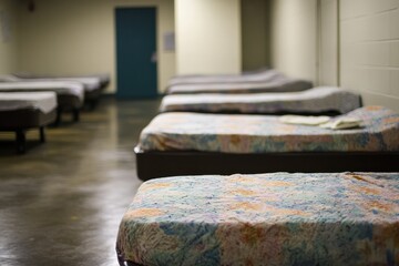 Inside a homeless shelter with beds prepared for individuals in need of temporary housing, Beds in a Homeless shelter