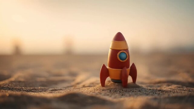 Toy rocket on sandy surface at sunset with soft warm lighting and creative atmosphere.