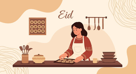 Fototapeta premium Woman Baking Traditional Cookies At Home For Eid Celebration With Love