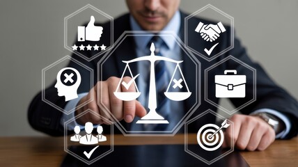 Businessman pointing at virtual icons of justice and ethics with balance scale and symbols of trust, responsibility and values.