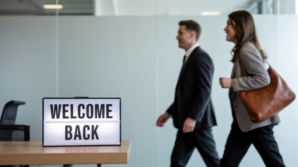 Business people returning to office with welcome back sign on desk in modern workplace.