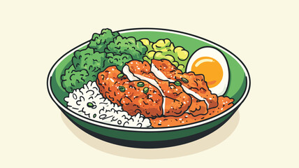 Delicious Crispy Chicken Rice Plate Simple Line Vector Illustration