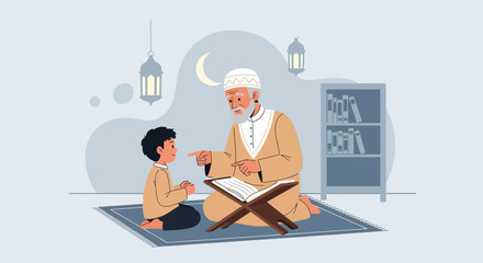 Respectful Guidance Grandfather Teaches Grandson Quranic Verses Home Setting