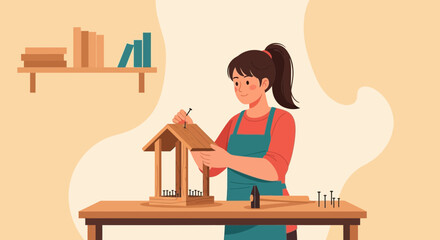 Woman Builds A Small Wooden Birdhouse In Her Workshop With Hand Tools