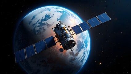 Sleek High-Tech Artificial Satellite Orbiting Earth Amid Twinkling Stars