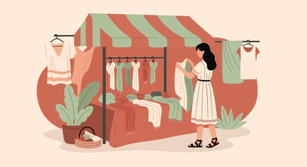 Woman Buying Scarf At An Outdoor Fashion Market On A Summer Day