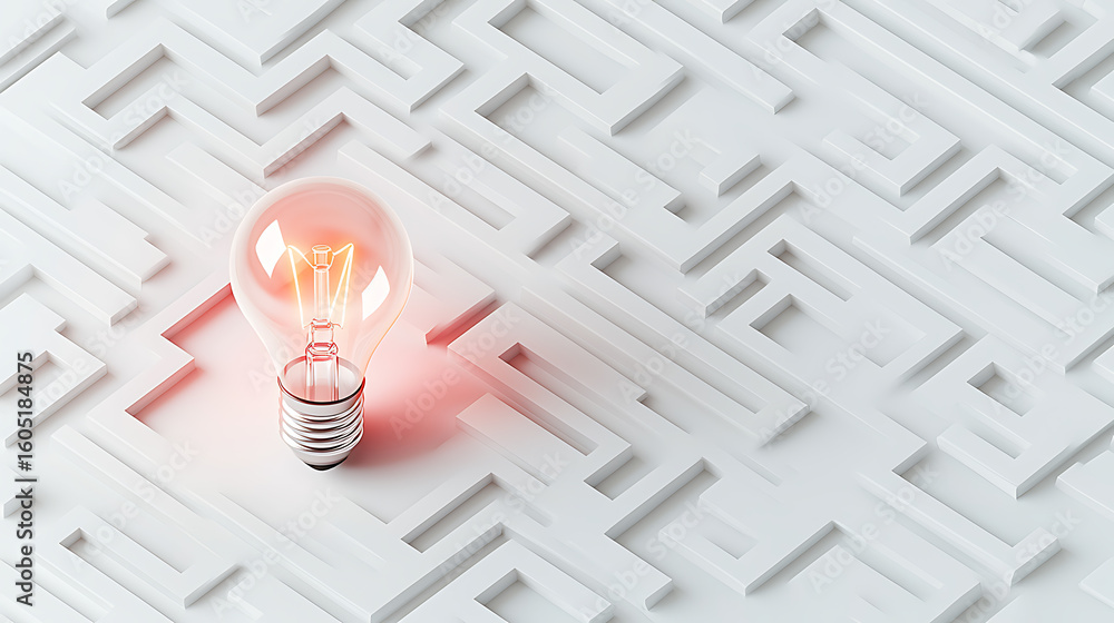 Poster bright idea amidst complexity. a lit bulb stands out against a white maze, symbolizing solutions and