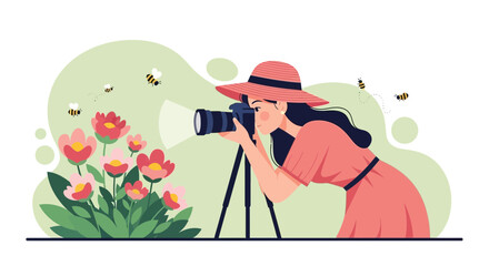 Woman Capturing Floral Beauty With Her Camera In Springtime Garden