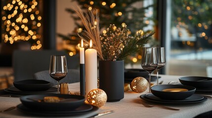 Elegant Dining Table Setup for a Festive Celebration in a Cozy, Warmly Lit Setting