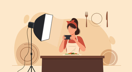 Woman Capturing Food Photo With Phone In Studio Setting With Lighting