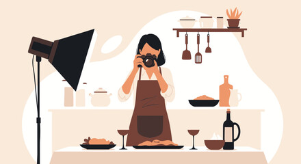 Woman Capturing Gourmet Food Still Life With Professional Photo Studio Lighting