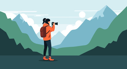 Woman Capturing Mountain Views With Camera During Outdoor Adventure Trip
