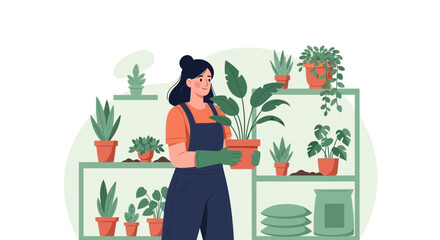 Woman Caring Plants On Shelves In A Beautiful Indoor Garden Setup