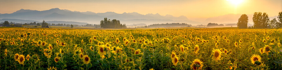 Fototapeta premium Sunflower field bathed in the golden light of sunrise, with misty mountains in the distance. Perfect for themes of agriculture, nature, summer, tranquility, and rural landscapes.