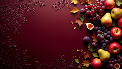 background with grapes and leaves and outside ornaments of fruits