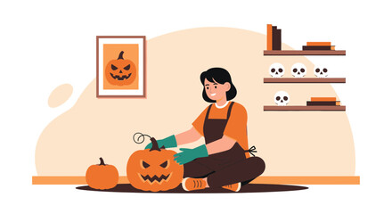 Woman Carving a Pumpkin for Halloween Decoration at Home with Spooky Elements