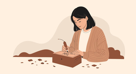 Woman Carving In Wooden Box Using Pyrography For Diy Craft Hobby
