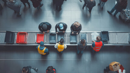 An overhead view captures passengers at an airport security checkpoint, placing belongings into bins on a conveyor belt. Perfect for themes of air travel, security, logistics, and airport operations