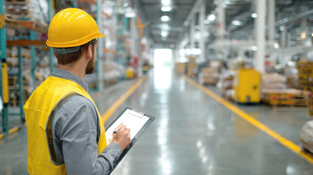 Focused male worker in hard hat, safety vest, holding clipboard, surveys a well-lit, organized warehouse. Ideal for themes of logistics, inventory management, industrial safety, supply chain solutions