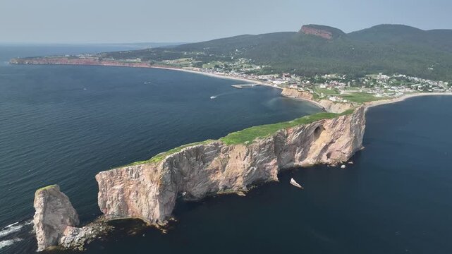 Aerial view of Rocher Perce in Quebec Canada