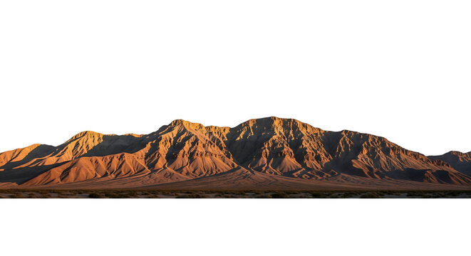 A panoramic desert mountain range at golden hour sunrise or sunset. Isolated on transparent background, png