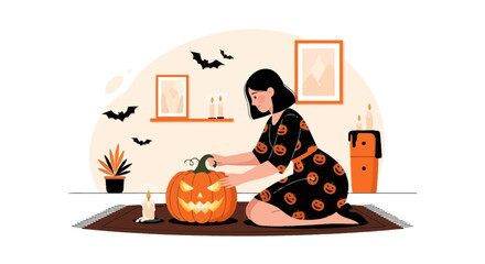 Woman Carving Pumpkin Illustration For Holiday Party Celebration At Home