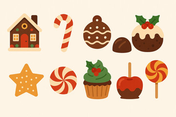 Set of Christmas Sweet Treat Icons in Flat Vector Style