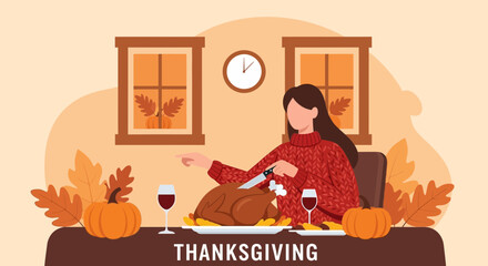 Woman Carving Thanksgiving Turkey Dinner At Home With Festive Decorations