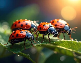 Fototapeta premium Four ladybugs on a dewy leaf, bathed in sunlight