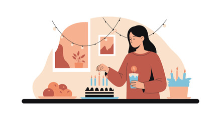Woman Celebrating Birthday By Lighting Candles On Cake In Cozy Atmosphere