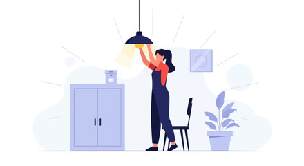 Woman Changing Lightbulb In Office Room Helping With Energy Efficiency