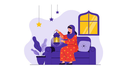 Woman Celebrating Ramadan Holding Lantern In A Decorated Room Atmosphere