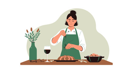 Woman Chef Garnishing Food with Herbs in a Restaurant Kitchen