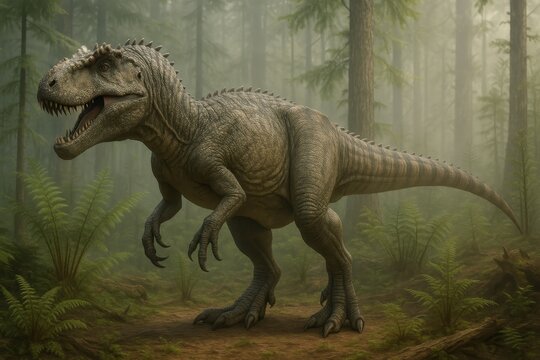 Majestic prehistoric allosaurus dinosaur in ancient forest environment with atmospheric lighting