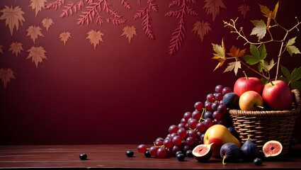 autumn still life with apples and grapes with awsome background 