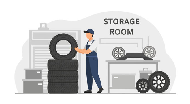 Tire Storage Room Auto Repair Shop with Stacks and Mechanic Employee