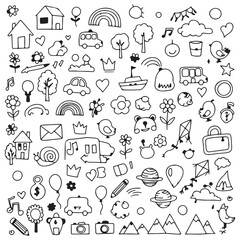 Obraz premium Whimsical Hand Drawn Doodle Collection featuring Houses, Cars, Flowers, Hearts and other Playful Elements for Creative Projects