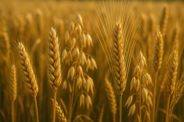 Fototapeta premium Golden wheat stalks ready for harvest in agricultural field setting