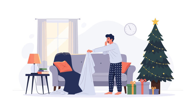 Tired Man Waking Up In Cozy Living Room Decorated For Christmas Morning