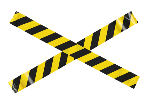 Yellow and black striped caution tape in a cross shape. Isolated on transparent background, png