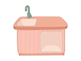 Kitchen sink. Cabinet with built-in sink. In cartoon style isolated on white background. Kitchen furniture item. Kitchen. Vector illustration.