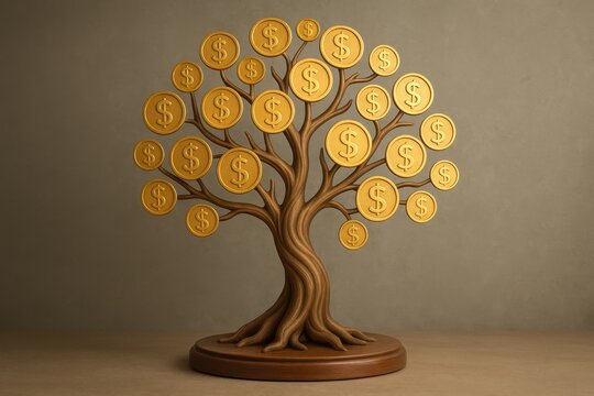Prosperity tree sculpture with golden coins as foliage representing wealth accumulation and financial growth