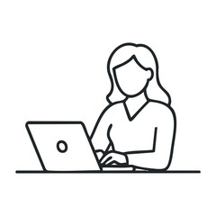 Female adult using laptop, black and white outline drawing of young woman at desk. Vector illustration