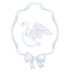 Elegant swan with open wing inside ornate ribbon frame on white background. Hand-drawn in vintage style with engraving lines. Ideal for wedding themes, luxury branding, feminine design, romantic print