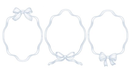 Ribbon Frame Set with Bows Graphic Illustration. Elegant hand-drawn pastel ribbon frames decorated with delicate bows. This set includes three vintage-style border templates in light blue